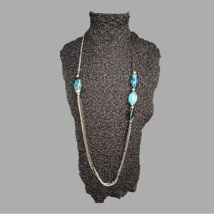 BRIGHTON Silvertone Black Shell Shimmer Long Blue Lucite Necklace